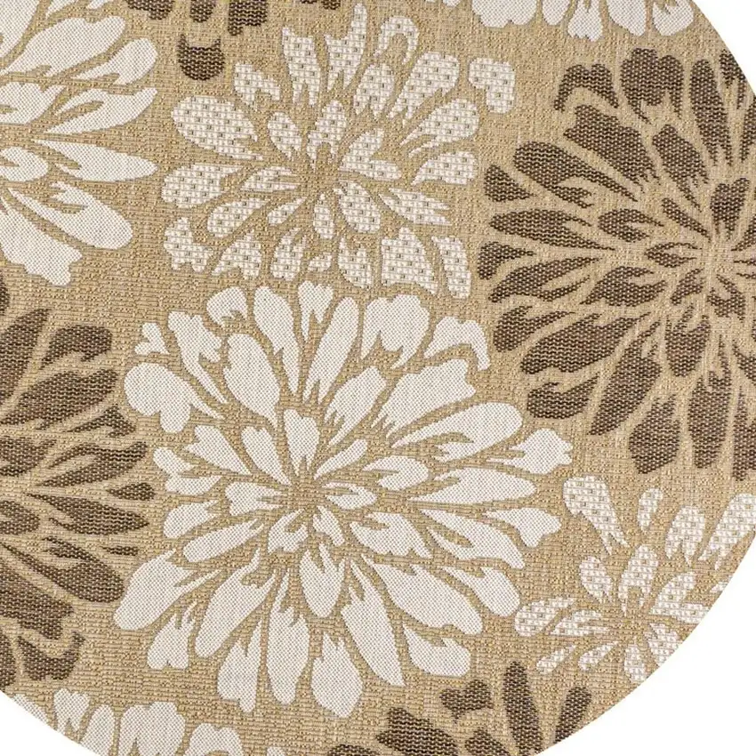 9' Brown And Cream Round Floral Indoor Outdoor Area Rug Photo 2