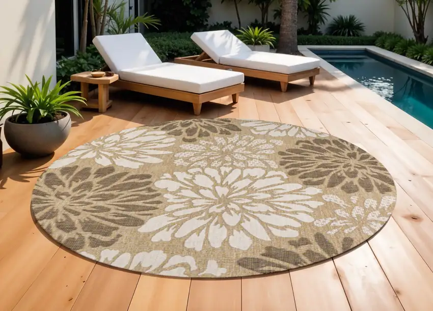 9' Brown And Cream Round Floral Indoor Outdoor Area Rug Photo 1
