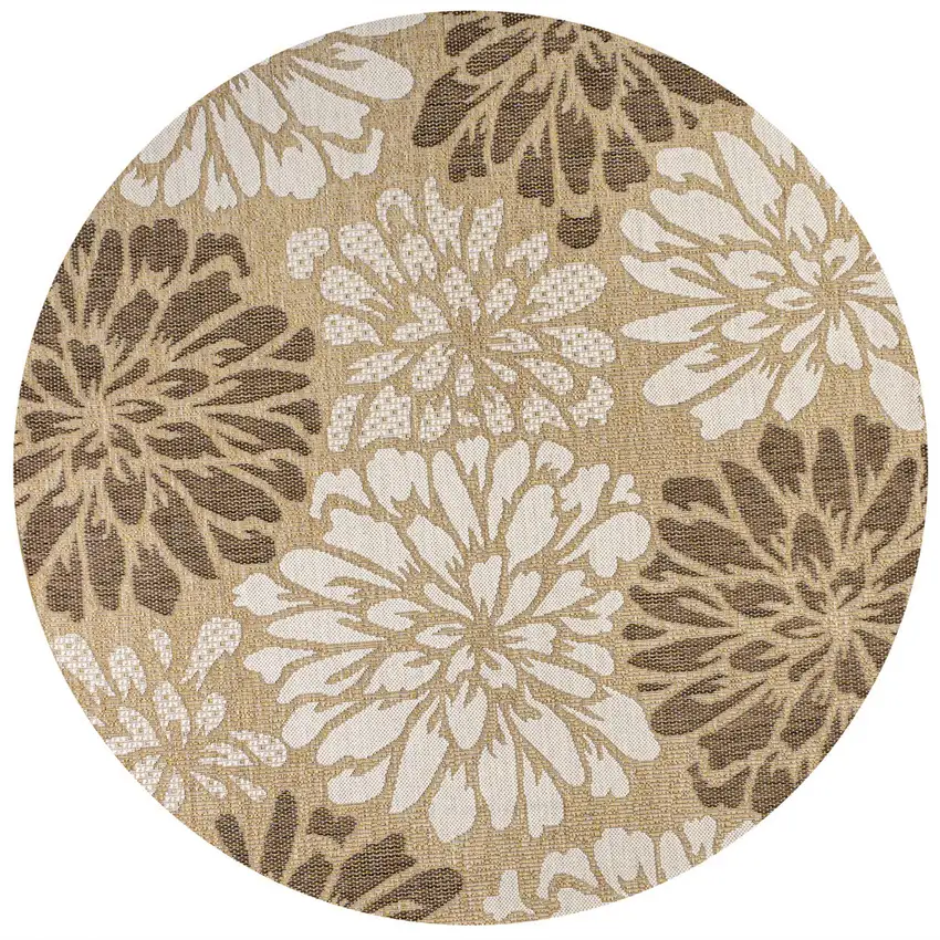 9' Brown And Cream Round Floral Indoor Outdoor Area Rug Photo 3