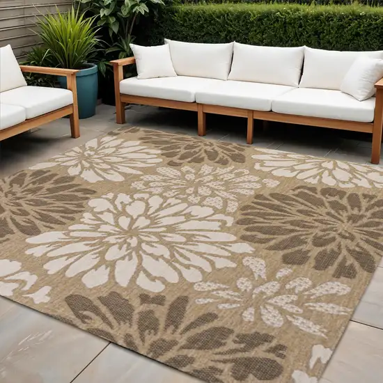 5' Brown And Cream Square Floral Indoor Outdoor Area Rug Photo 1