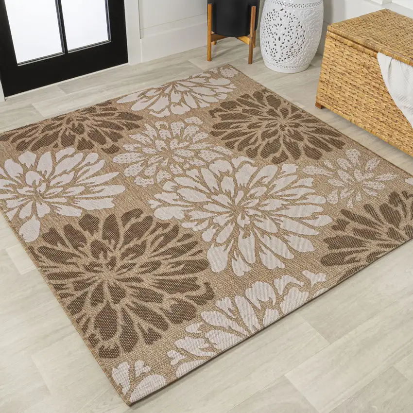 5' Brown And Cream Square Floral Indoor Outdoor Area Rug Photo 4