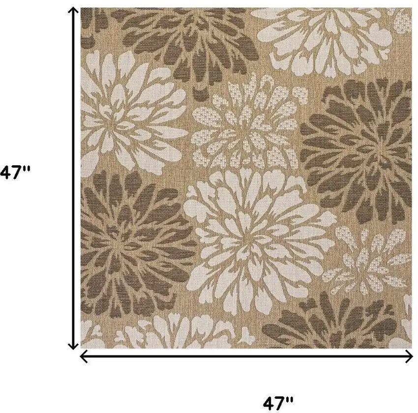 4' Brown And Cream Square Floral Indoor Outdoor Area Rug Photo 9
