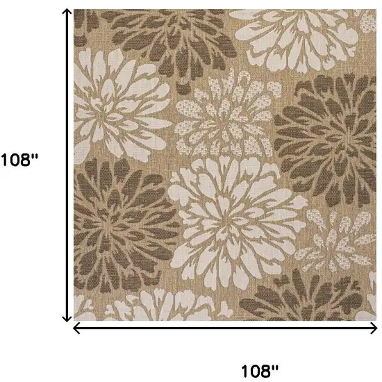 9' Brown And Cream Square Floral Indoor Outdoor Area Rug Photo 9