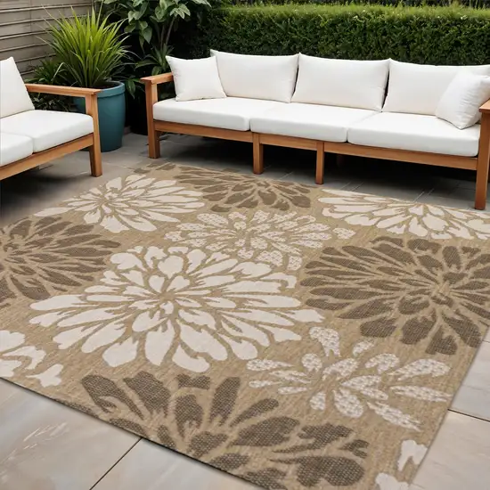 9' Brown And Cream Square Floral Indoor Outdoor Area Rug Photo 1