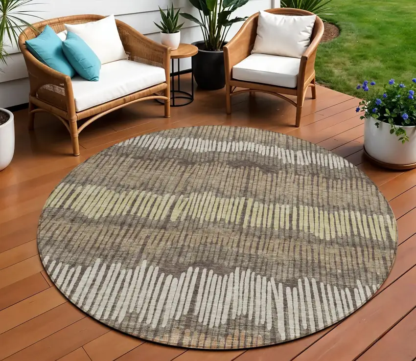 8' Brown And Dark Green Round Striped Washable Indoor Outdoor Area Rug Photo 1