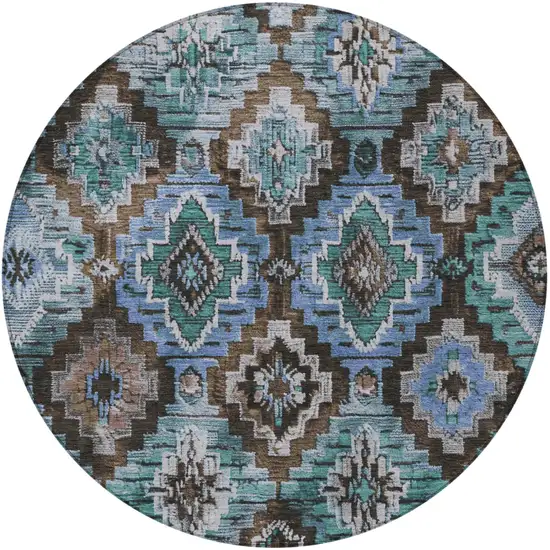 8' Brown And Denim Blue Round Aztec Washable Indoor Outdoor Area Rug Photo 3