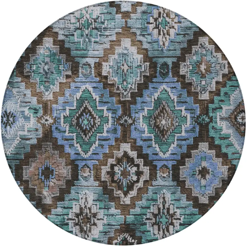 8' Brown And Denim Blue Round Aztec Washable Indoor Outdoor Area Rug Photo 3