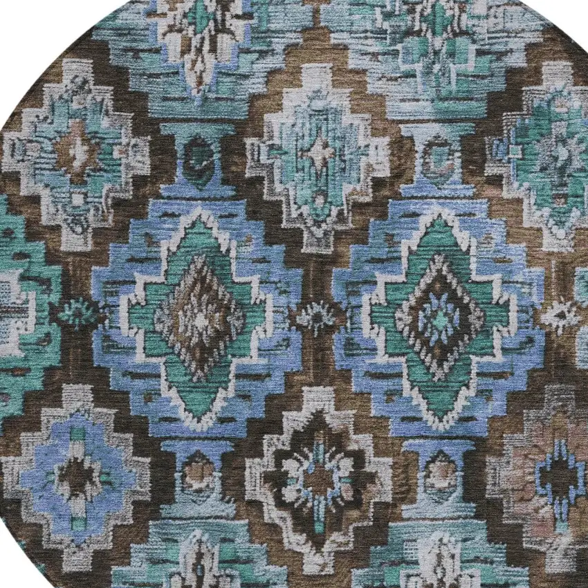 8' Brown And Denim Blue Round Aztec Washable Indoor Outdoor Area Rug Photo 8