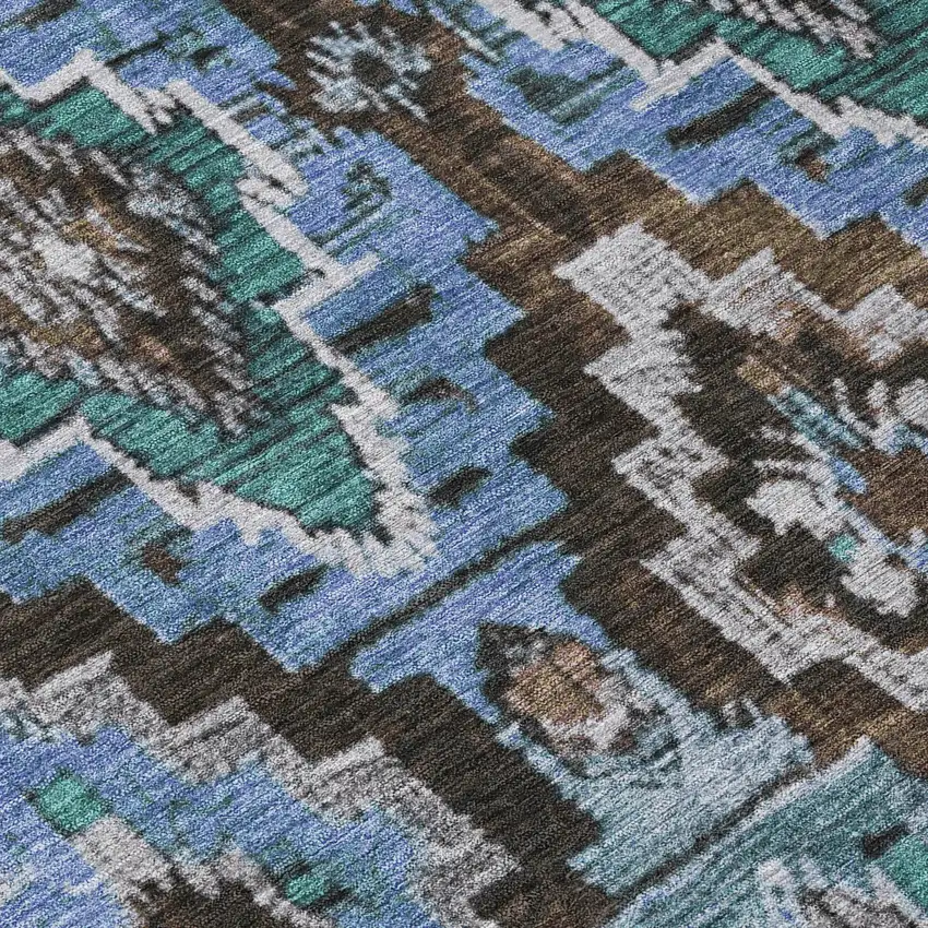 8' Brown And Denim Blue Round Aztec Washable Indoor Outdoor Area Rug Photo 9