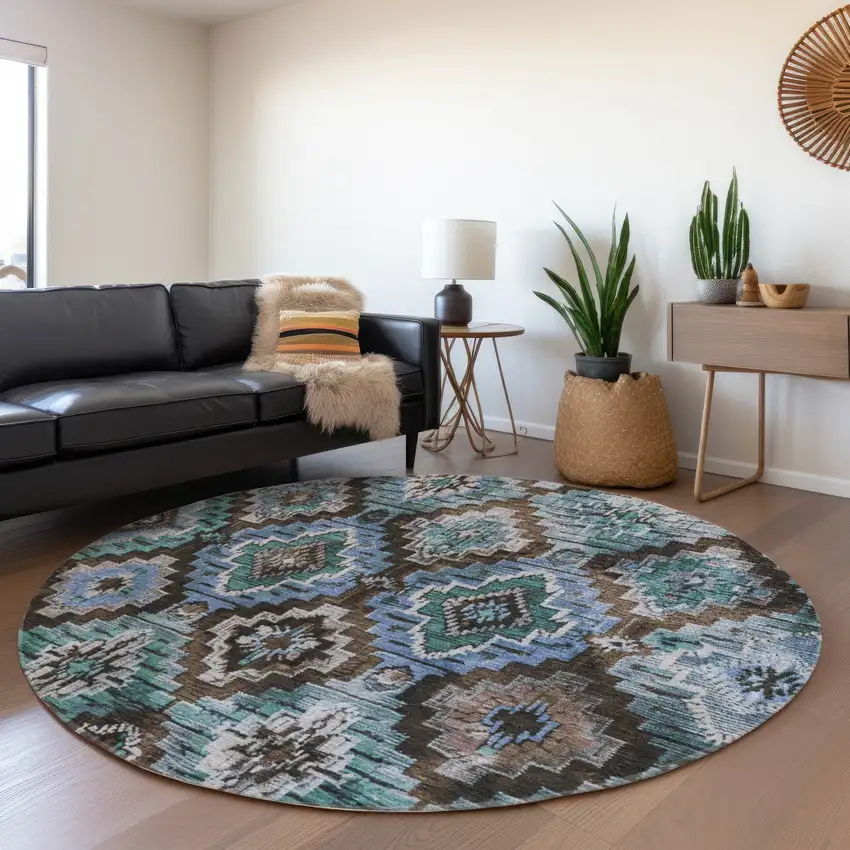 8' Brown And Denim Blue Round Aztec Washable Indoor Outdoor Area Rug Photo 6