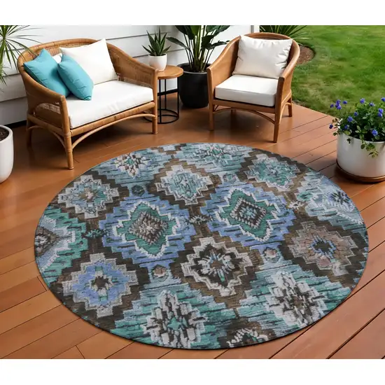 8' Brown And Denim Blue Round Aztec Washable Indoor Outdoor Area Rug Photo 2