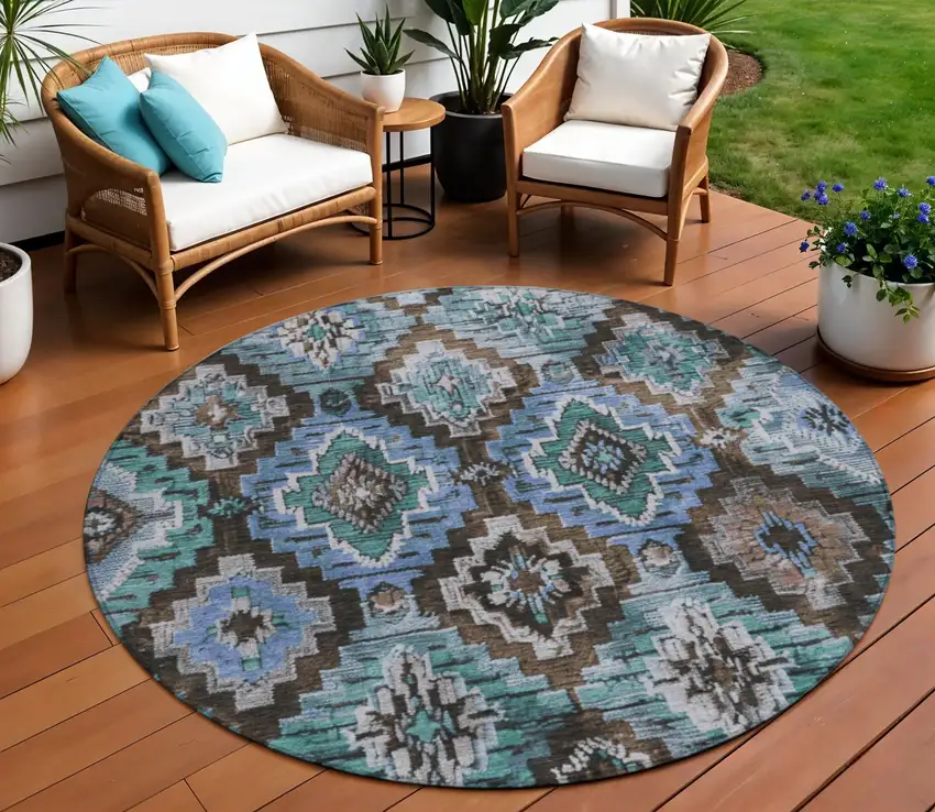 8' Brown And Denim Blue Round Aztec Washable Indoor Outdoor Area Rug Photo 2