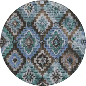 Photo of 8' Brown And Denim Blue Round Aztec Washable Indoor Outdoor Area Rug