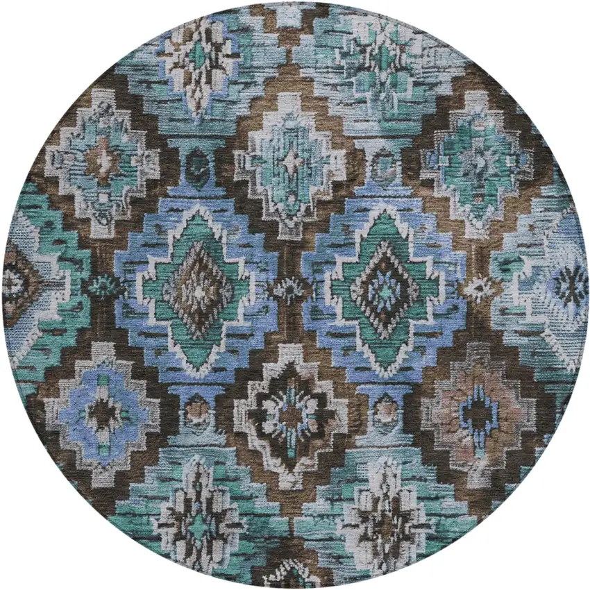 8' Brown And Denim Blue Round Aztec Washable Indoor Outdoor Area Rug Photo 1