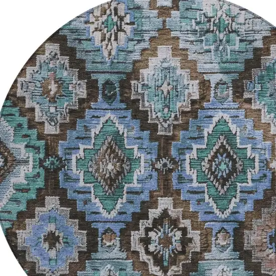 8' Brown And Denim Blue Round Aztec Washable Indoor Outdoor Area Rug Photo 4