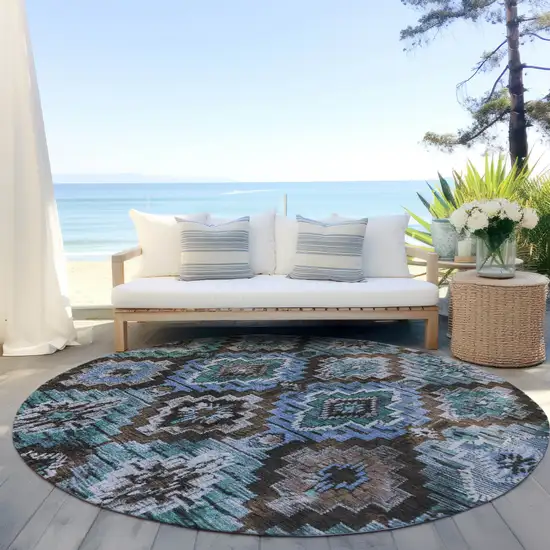 8' Brown And Denim Blue Round Aztec Washable Indoor Outdoor Area Rug Photo 5