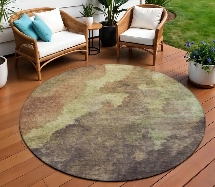 8' Brown And Fern Green Round Abstract Washable Indoor Outdoor Area Rug Photo 2
