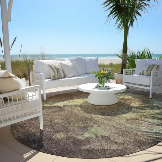 8' Brown And Fern Green Round Abstract Washable Indoor Outdoor Area Rug Photo 5