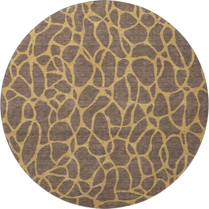 8' Brown And Gold Geometric Washable Round Rug With UV Protection Photo 2