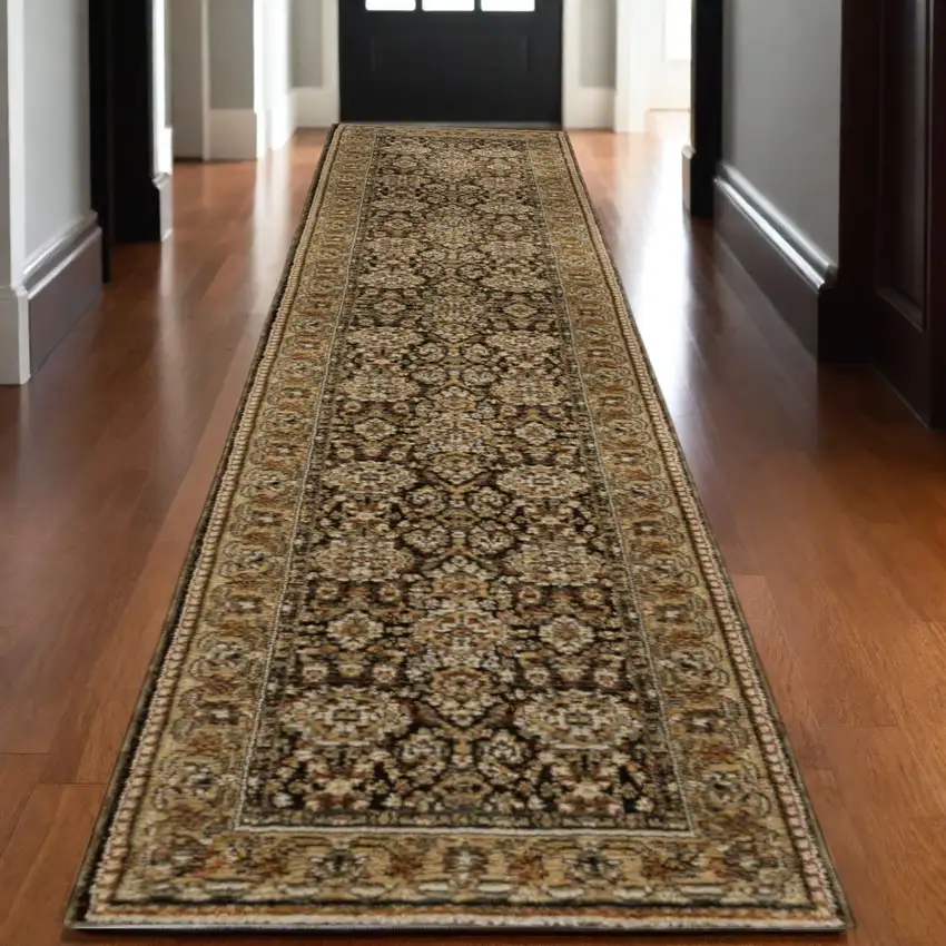 12' Brown And Gold Oriental Runner Rug Photo 1