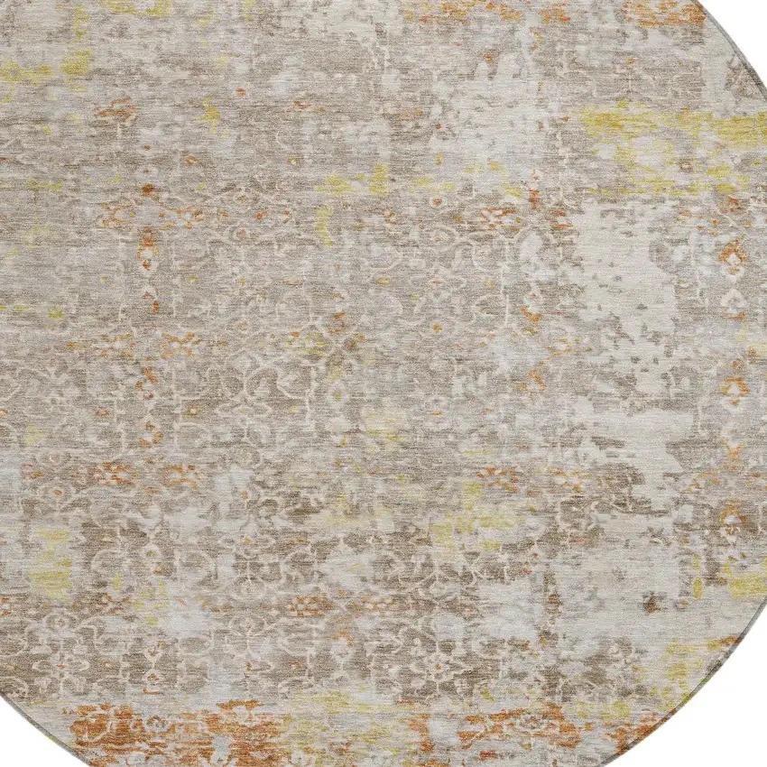 8' Brown And Gold Round Abstract Washable Indoor Outdoor Area Rug Photo 8