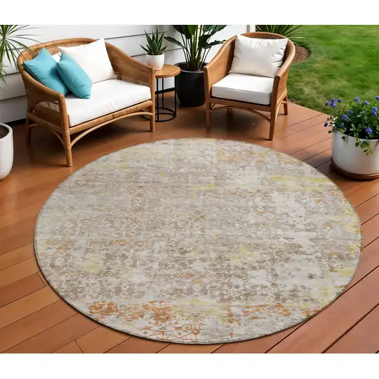 8' Brown And Gold Round Abstract Washable Indoor Outdoor Area Rug Photo 2