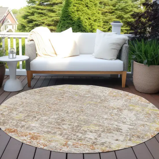 8' Brown And Gold Round Abstract Washable Indoor Outdoor Area Rug Photo 5