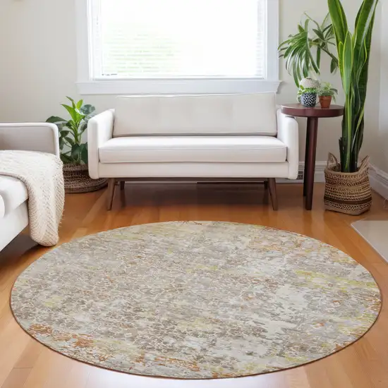 8' Brown And Gold Round Abstract Washable Indoor Outdoor Area Rug Photo 6
