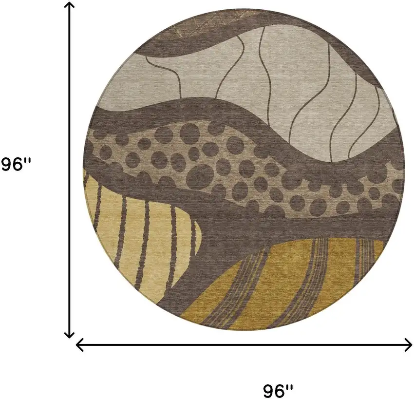 8' Brown And Gold Round Abstract Washable Indoor Outdoor Area Rug Photo 8