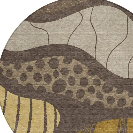 8' Brown And Gold Round Abstract Washable Indoor Outdoor Area Rug Photo 5