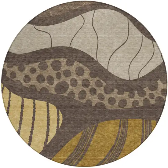8' Brown And Gold Round Abstract Washable Indoor Outdoor Area Rug Photo 2