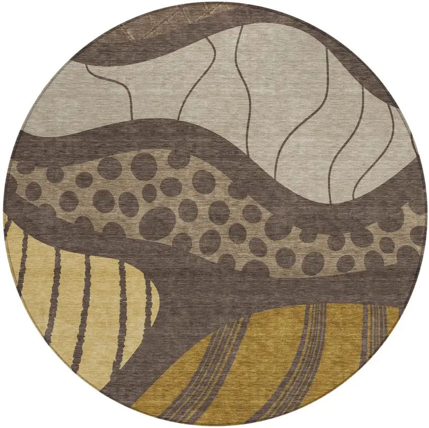 8' Brown And Gold Round Abstract Washable Indoor Outdoor Area Rug Photo 2