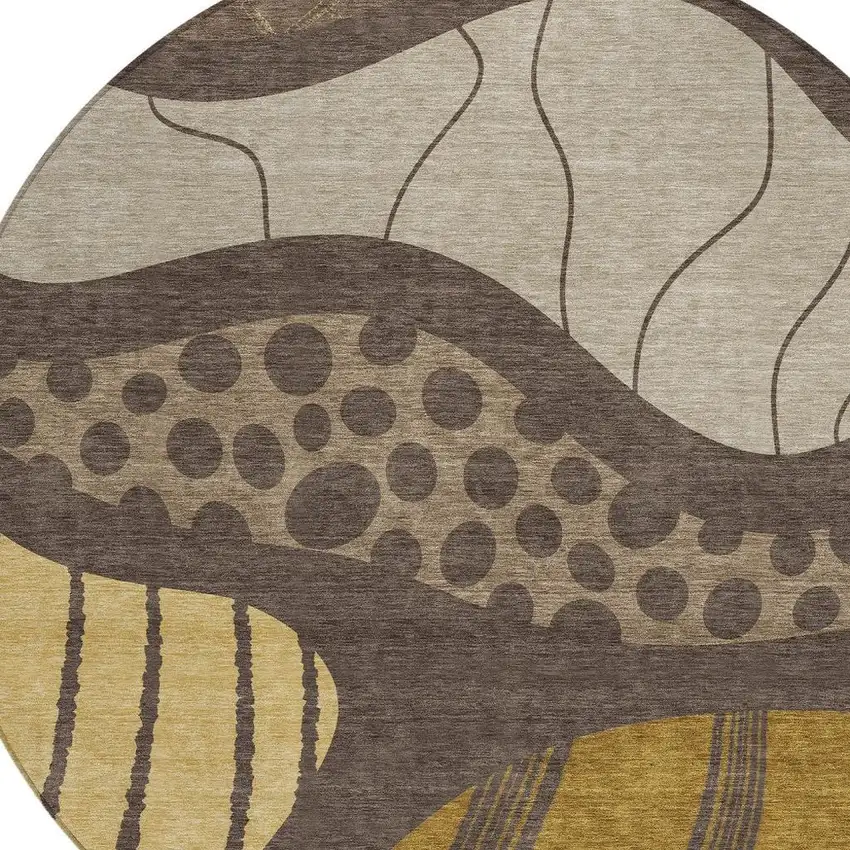 8' Brown And Gold Round Abstract Washable Indoor Outdoor Area Rug Photo 4