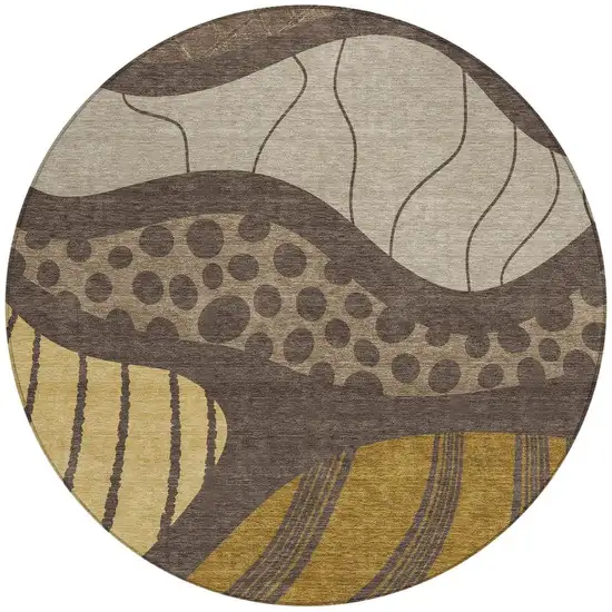 8' Brown And Gold Round Abstract Washable Indoor Outdoor Area Rug Photo 3
