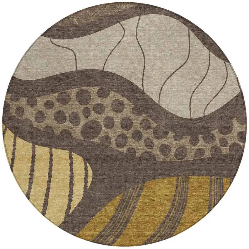 8' Brown And Gold Round Abstract Washable Indoor Outdoor Area Rug Photo 3