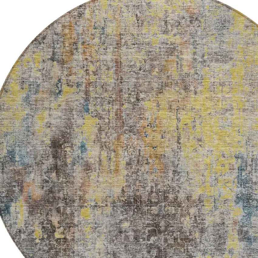 8' Brown And Gold Round Abstract Washable Indoor Outdoor Area Rug Photo 4