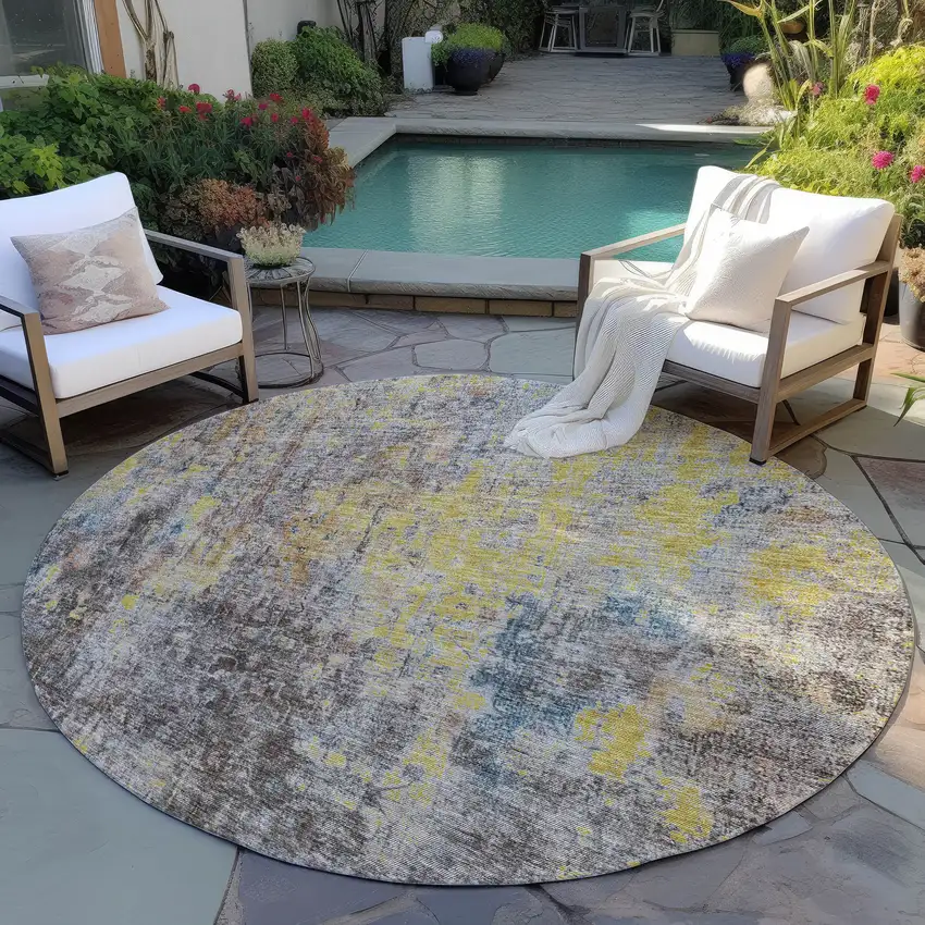 8' Brown And Gold Round Abstract Washable Indoor Outdoor Area Rug Photo 6