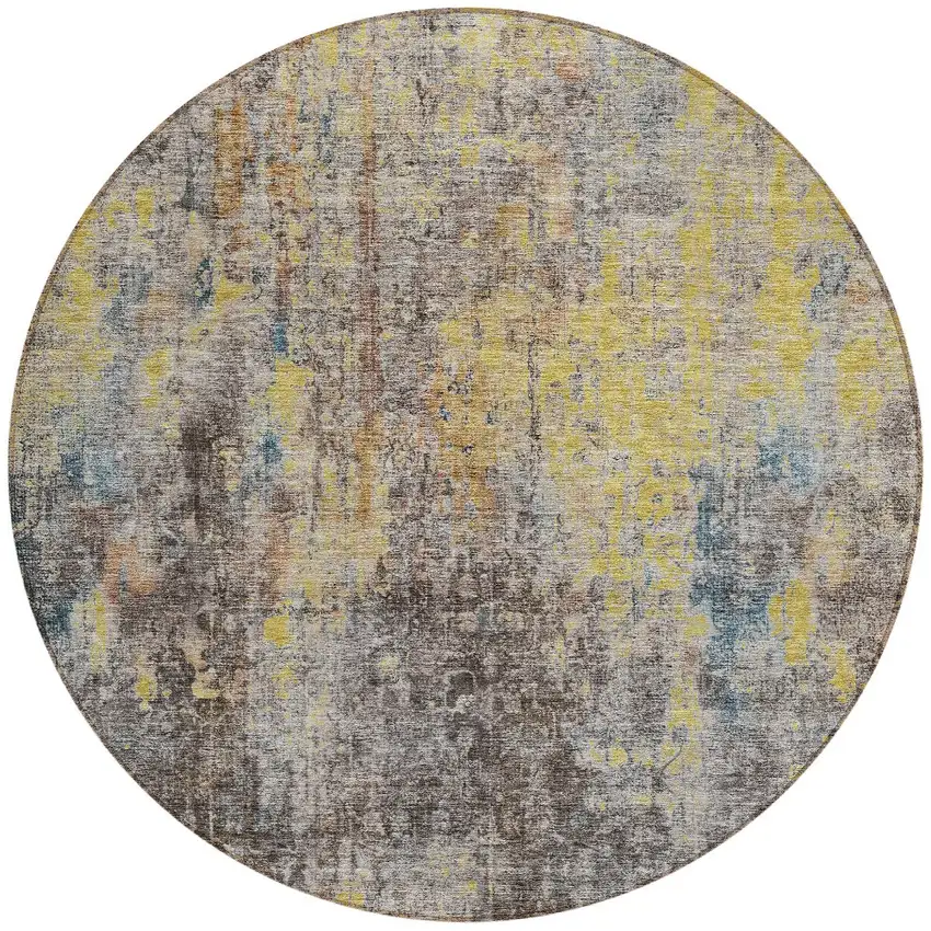 8' Brown And Gold Round Abstract Washable Indoor Outdoor Area Rug Photo 5
