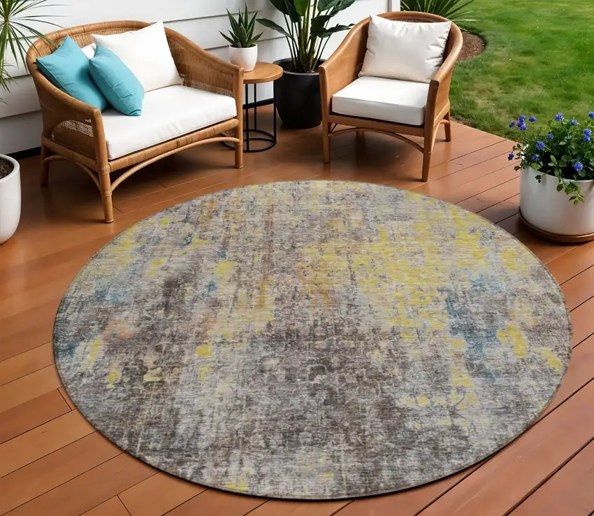 8' Brown And Gold Round Abstract Washable Indoor Outdoor Area Rug Photo 1