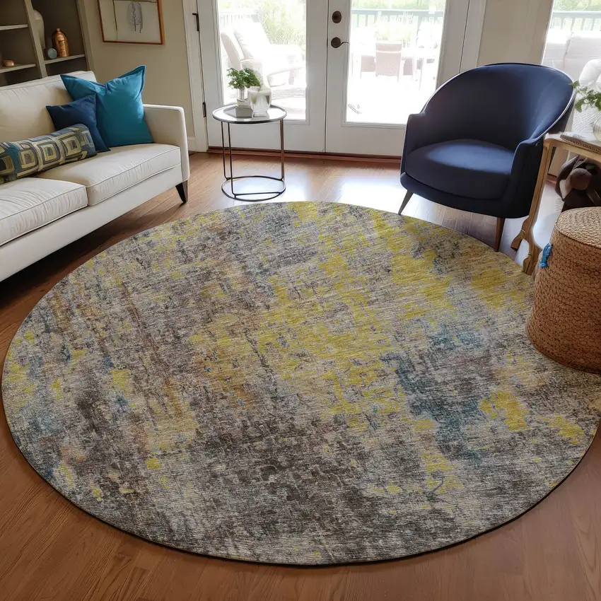 8' Brown And Gold Round Abstract Washable Indoor Outdoor Area Rug Photo 7