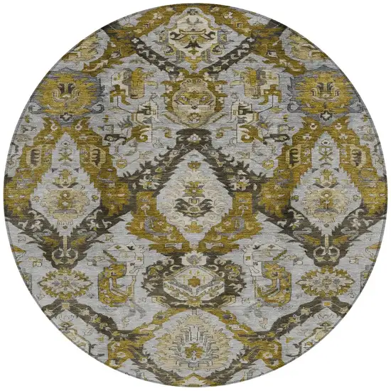 8' Brown And Gold Round Damask Washable Indoor Outdoor Area Rug Photo 3
