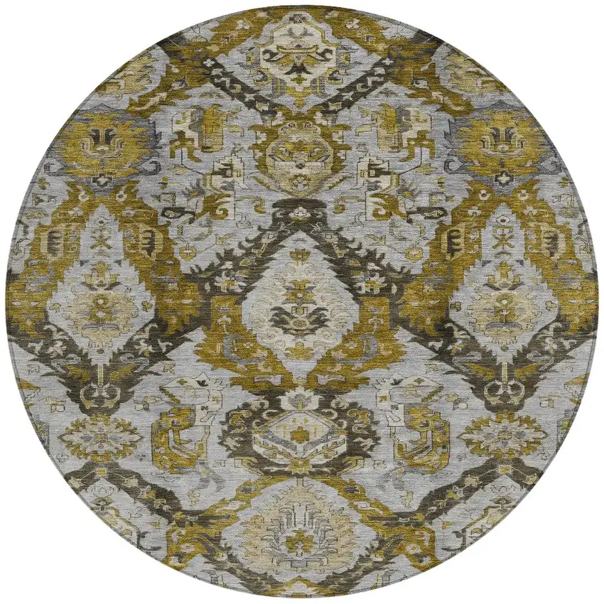 8' Brown And Gold Round Damask Washable Indoor Outdoor Area Rug Photo 3