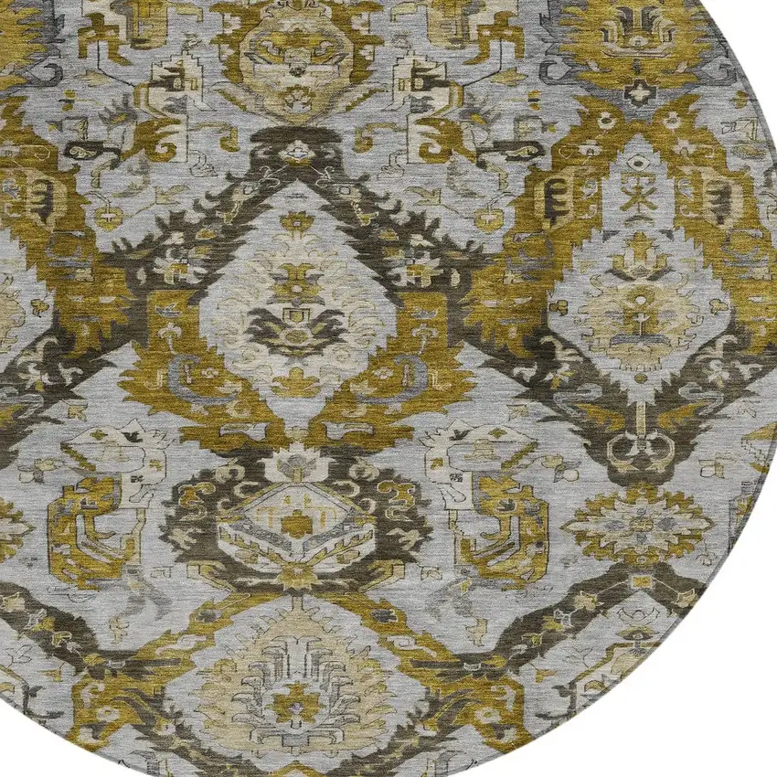 8' Brown And Gold Round Damask Washable Indoor Outdoor Area Rug Photo 8