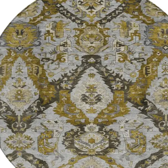 8' Brown And Gold Round Damask Washable Indoor Outdoor Area Rug Photo 4