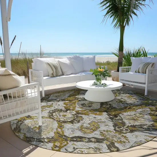 8' Brown And Gold Round Damask Washable Indoor Outdoor Area Rug Photo 5