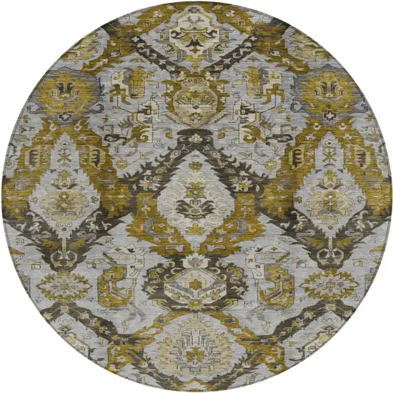 8' Brown And Gold Round Damask Washable Indoor Outdoor Area Rug Photo 1