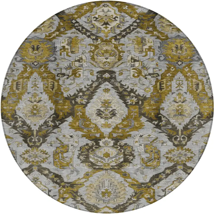 8' Brown And Gold Round Damask Washable Indoor Outdoor Area Rug Photo 1