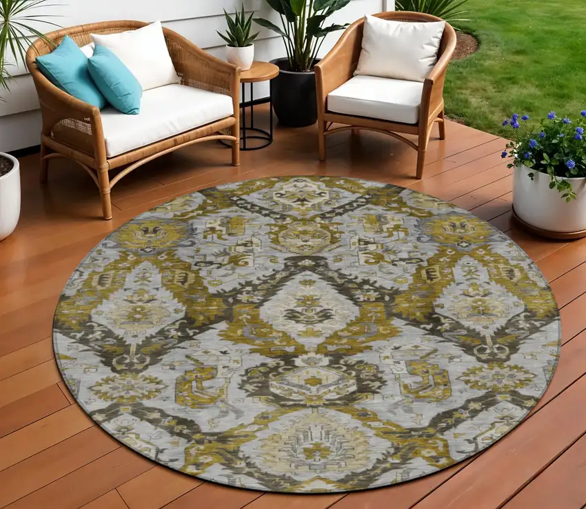 8' Brown And Gold Round Damask Washable Indoor Outdoor Area Rug Photo 2