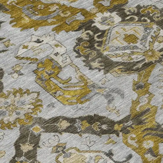 8' Brown And Gold Round Damask Washable Indoor Outdoor Area Rug Photo 9