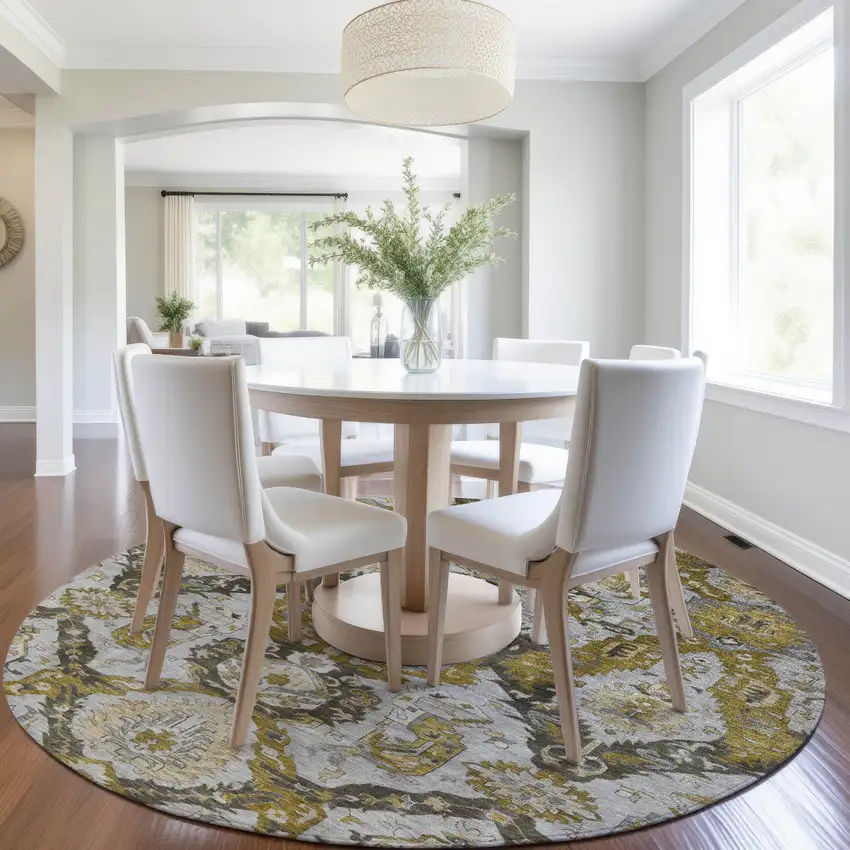 8' Brown And Gold Round Damask Washable Indoor Outdoor Area Rug Photo 6